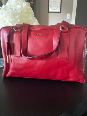 Fossil Red Leather Satchel with Gold Hardware